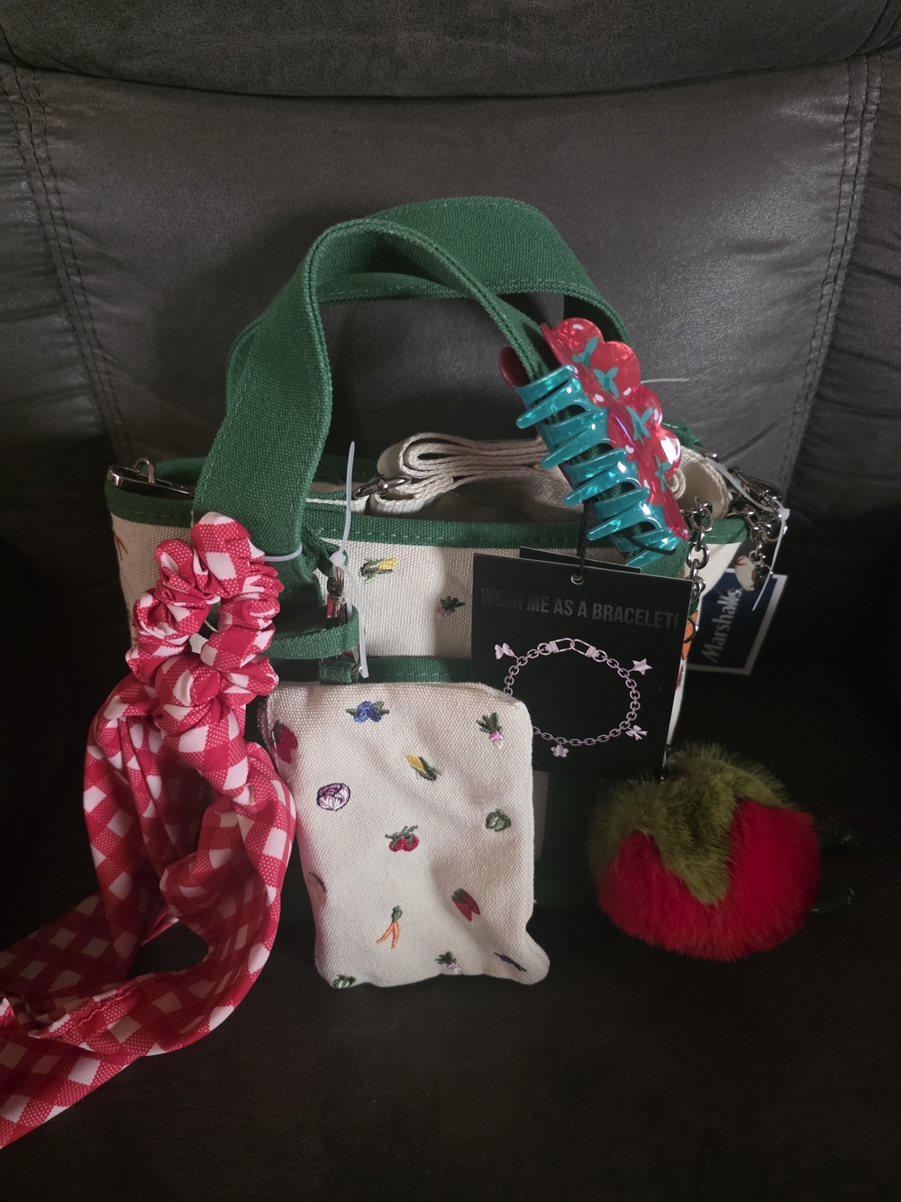 Madden Girl  Cream Canvas Tote with Green Trim and Pink Pom Charm
